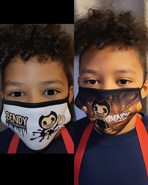 Image of a Little Boy Wearing A Custom Bendy & the Ink Machine Face Mask