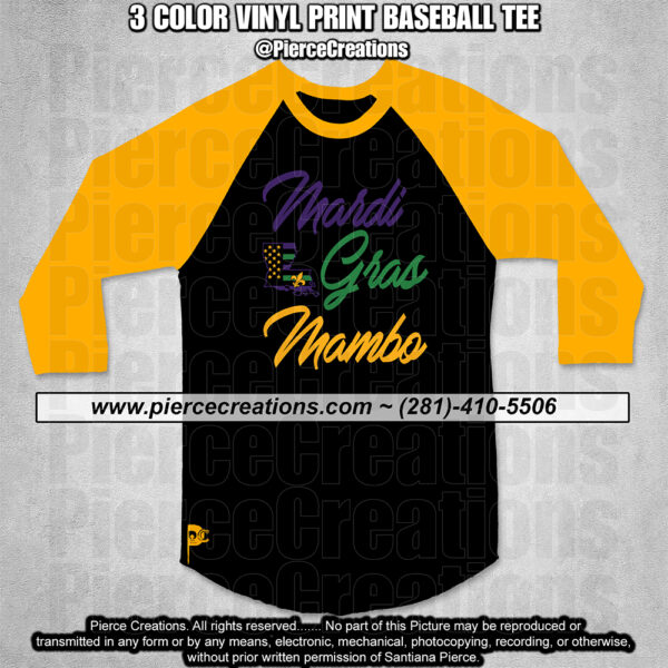 Mardi Gras Mambo (Big) Black Baseball Tee Yellow Gold Sleeves