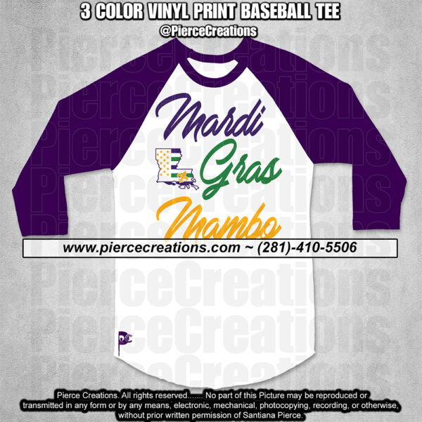Mardi Gras Mambo (Big) White Baseball Tee Purple Sleeves