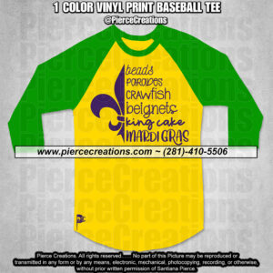 Mardi Gras Fleur-De-Lis Yellow Baseball Tee Green Sleeves